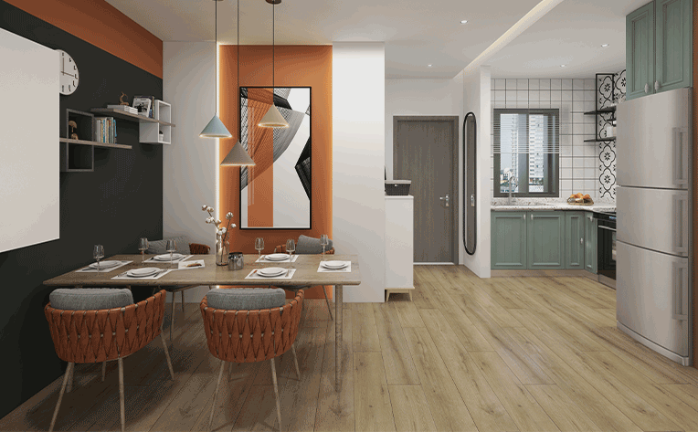 70s inspired kitchen with colourful accent walls and cabinets