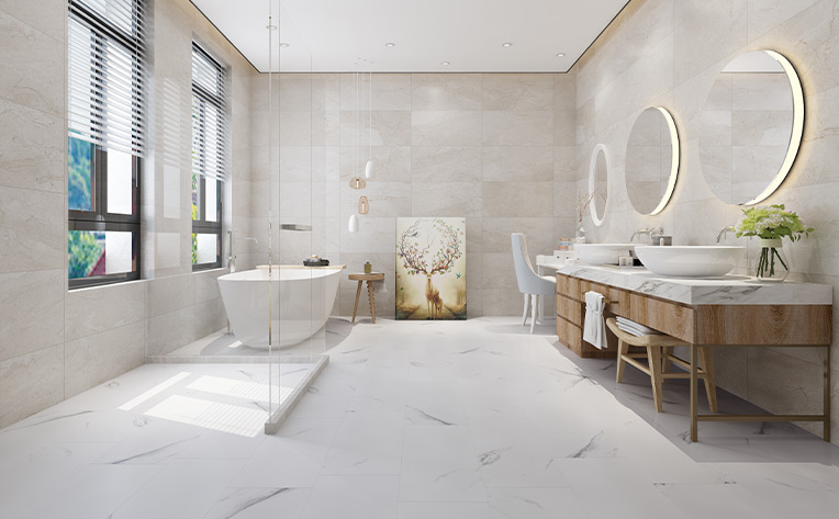 marble look luxury vinyl tile flooring in bathroom