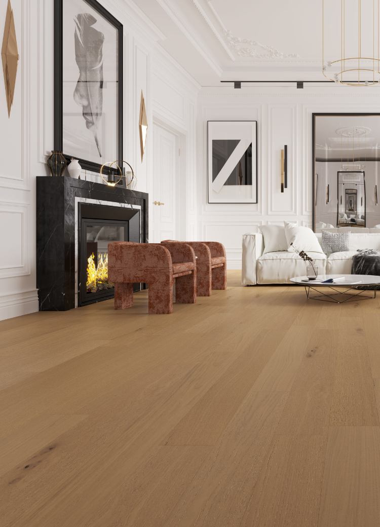 wood flooring in living room with modern decor.
