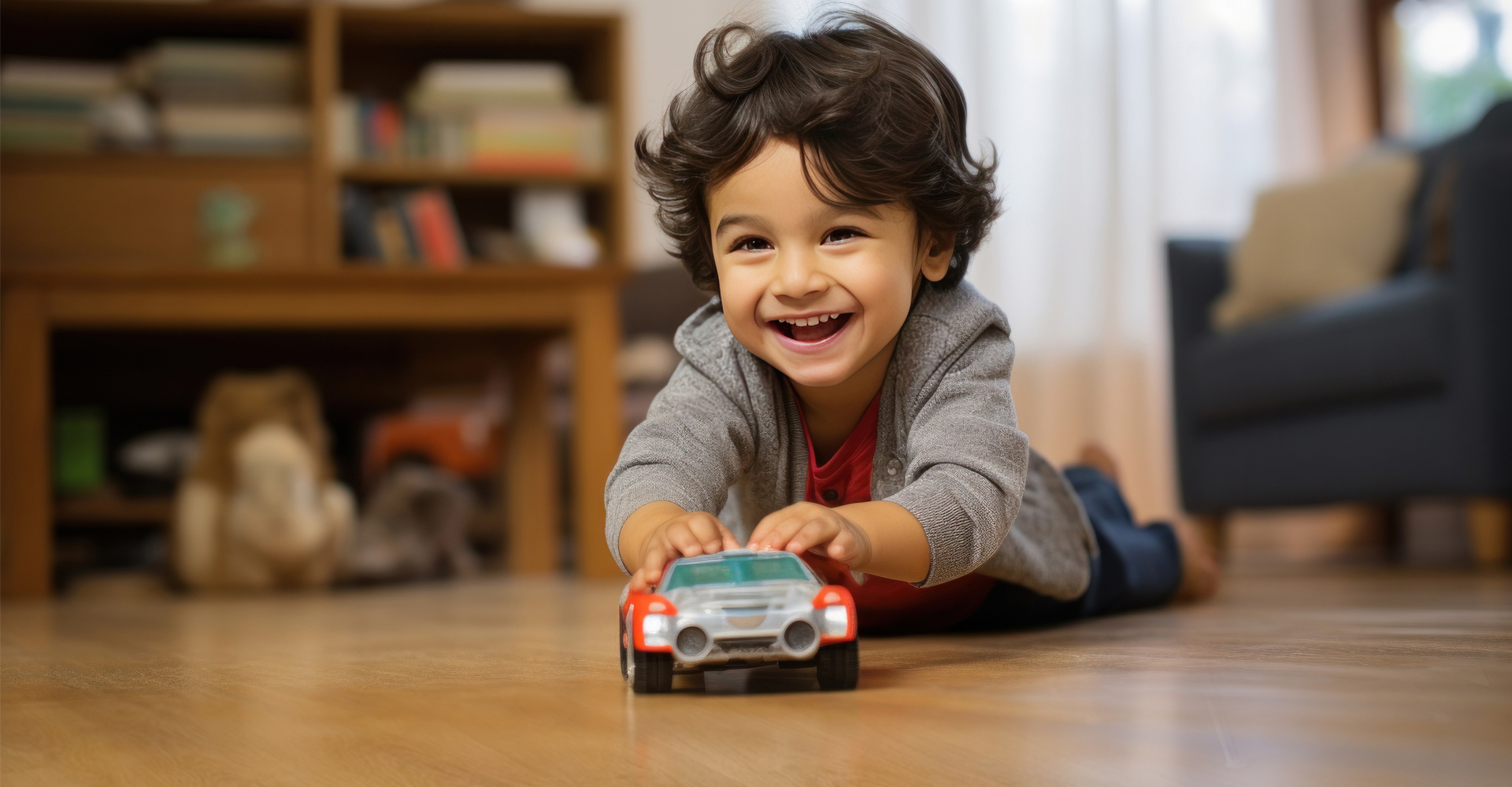 Little Boy playing on hardwood with a toy car