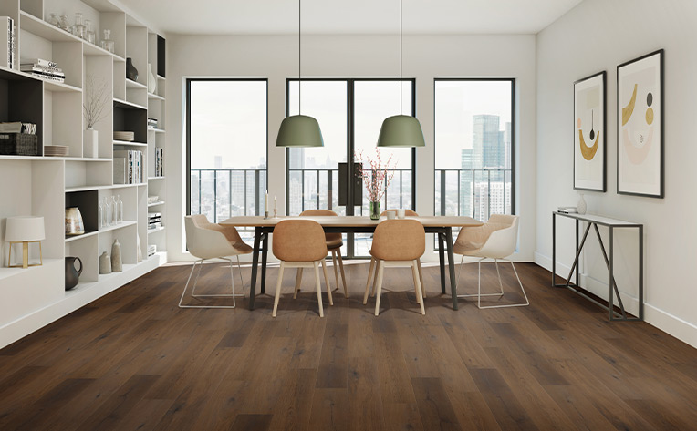 wood look vinyl in a small kitchen with beige chairs